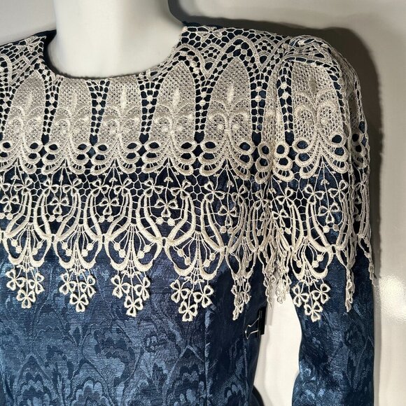 Vintage In The Mood SZ 8 Teal Satin Brocade Crochet Cape Collar Midi Dress 80's - Picture 5 of 9